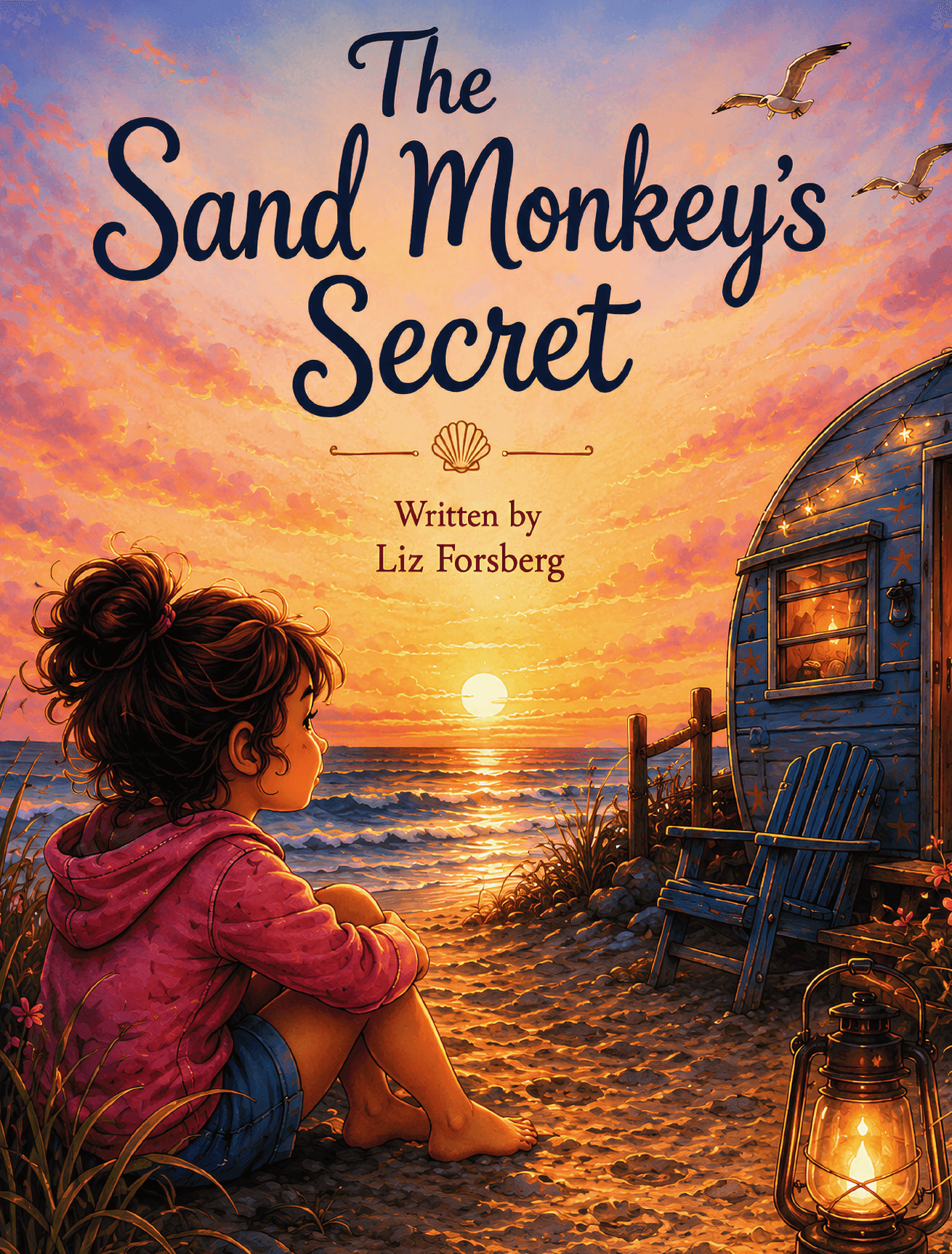 Cover of The Sand Monkey's Secret: a girl watching the sunset from a beach dune beside a lantern-lit camper